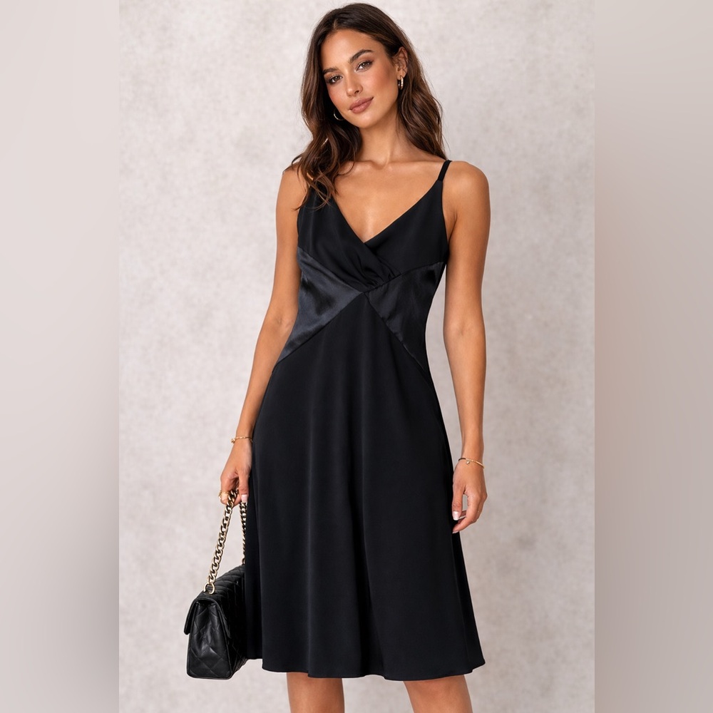 Robbie Bee‎ Black Satin Slip Dress Size 8 Elegant Midi Cocktail Party